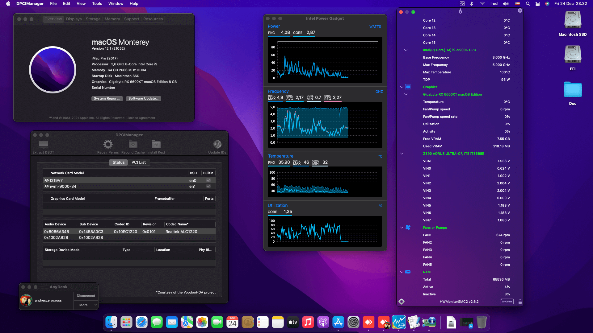 Success Hackintosh macOS Monterey 12.1 Build 21C52 in Gigabyte Z390 Aorus Ultra + Intel Core i9 9900K + Gigabyte RX 6600XT